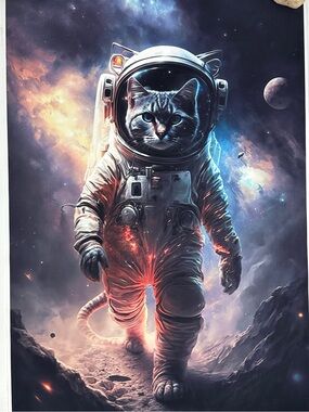 Astronaut Cat Poster - Space Cat cloth Art Print in Blue and White 24” x 16”